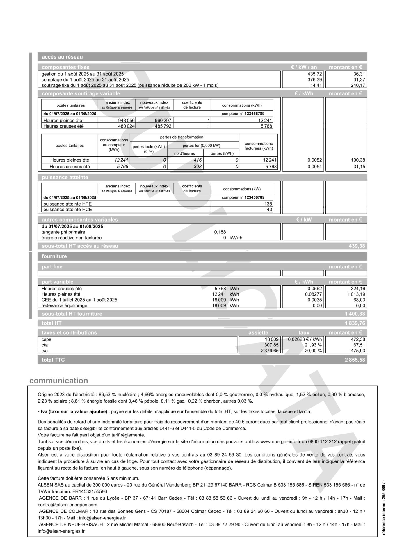 Facture verso électricité HTA